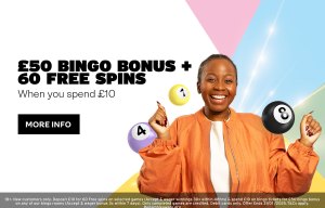 a woman holding pool balls with the words 50 bingo bonus + 60 free spins when you spend £ 10