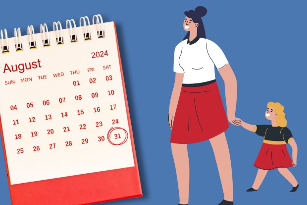 a calendar for august 2024 shows a woman holding a child 's hand