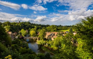 a bridge over a river surrounded by trees and houses