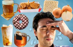 a man with a headache is surrounded by various foods and drinks