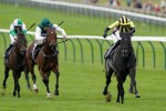 a jockey in a yellow helmet is leading two other jockeys in a race