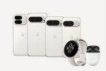 a row of white google phones and a watch